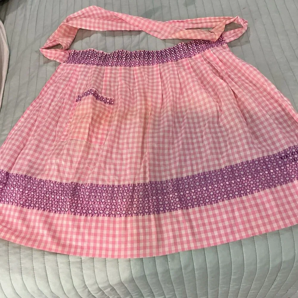 Vintage Pink Gingham Half Apron Purple Embroidery Pocket 70” Waist Ties